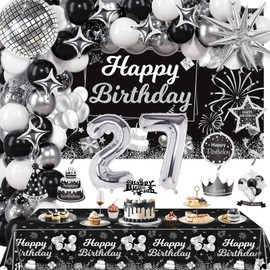Miidenks 27th Birthday Decorations Set for Man Women,Black Silver Happy 27 Birthday Party Supplies with Birthday Backdrop Banner Birthday Tablecloth 27 Number Balloons for Her Him
