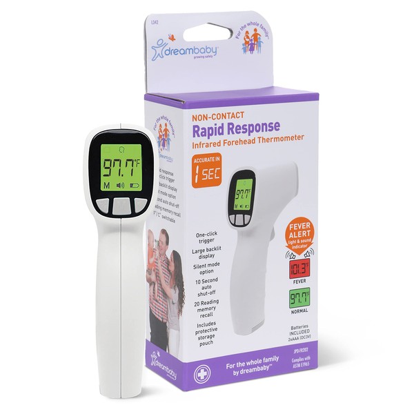 Dreambaby Non-Contact Rapid Response Infrared Digital Forehead Thermometer - 20 Readings Memory Recall, 10 sec Shut-Off - for Infants, Children, and Adults - White