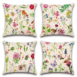 Artscope Set of 4 Waterproof Cushion Covers 45x45cm, Decorative Flowers Birds Butterflies Insects Throw Pillow Covers, Perfect to Outdoor Patio Garden Bench Living Room Sofa Farmhouse Decor