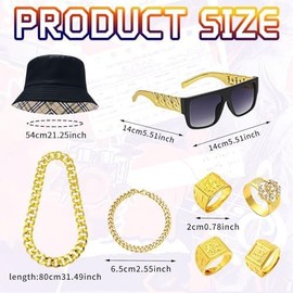 8Pcs 80s Hip Hop Accessories Set, 90s Hip Hop Rapper Star Fancy Dress Accessories with Hat Sunglasses Disco Gold Accessories for Women Men Hippie Party