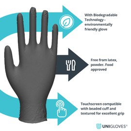 Unigloves BioTouch Nitrile Disposable Gloves - Biodegradable, Multipurpose, Medical Grade Examination Gloves - Box of 100 Gloves, Black, Extra Small (GM0091)