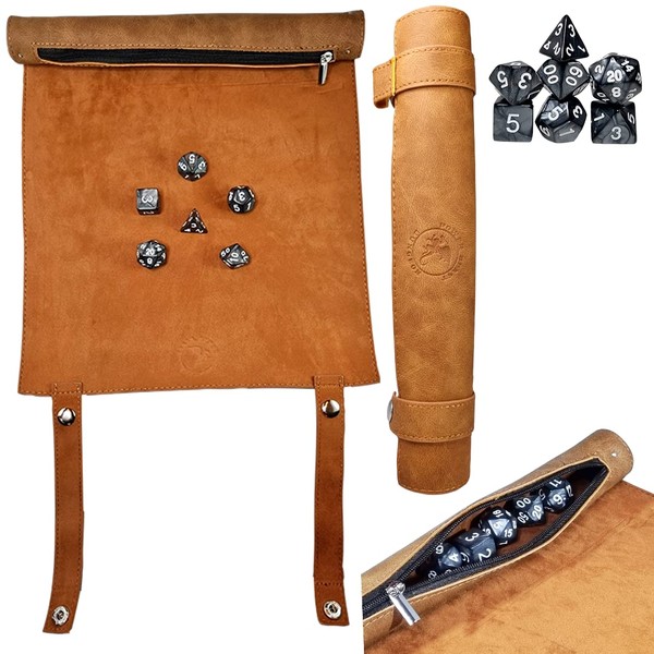 Power Beast Dungeon Dice Mat, Scroll Style, Roll-Up with Dice Storage + 7 Role Play Dice, with Polyhedral Dice Set, Dice Plate, Dungeons and Dragons, D&D (Brown)
