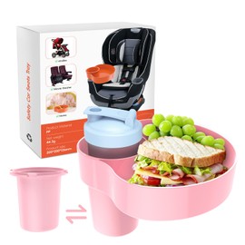 Kids Car Seat Travel Tray: Carseat Snack Tray for Food Eating, Baby Stroller Snacks Console/Plate for Toddlers with 2 Replacement Cup Holder Bases, Kids Travel Road Trip Essentials & Must Haves, Pink