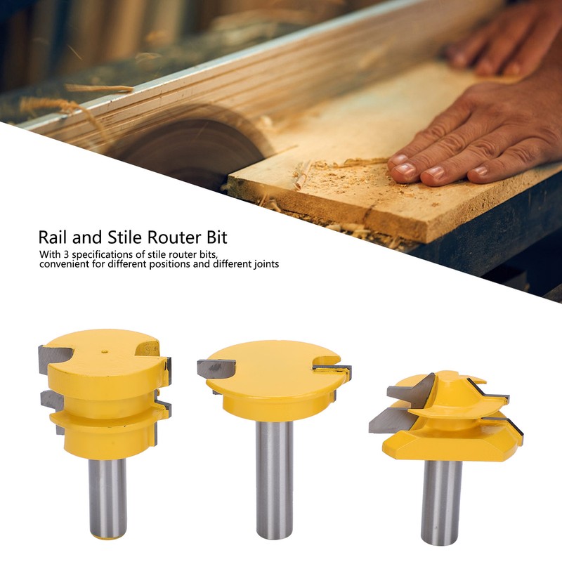 3Pcs Rail and Stile Router Bit Hardened Steel 1/2in Straight