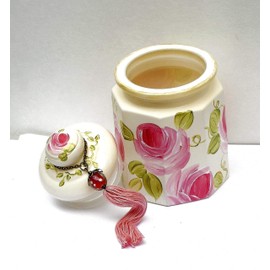 Romantic Shabby Chic Bathroom Accessories Large Ivory Decorative Lidded Glass Jar with Lid Hand Painted Pink Roses and Tassel Pretty Powder Room Bedroom Decor