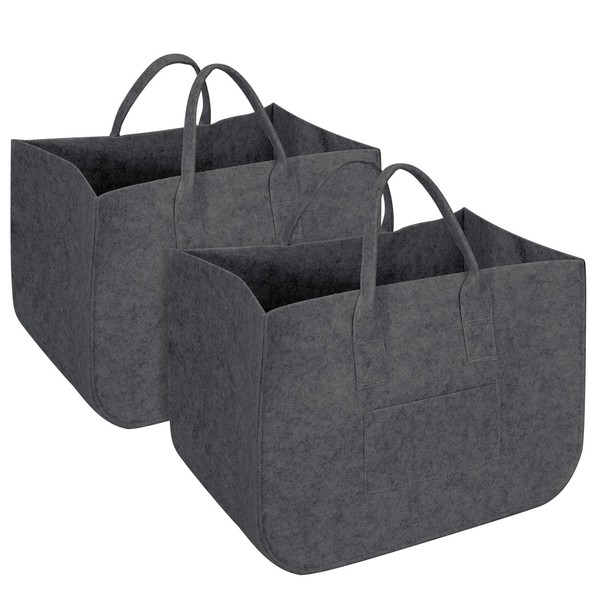 Vinsani 2 Pack Felt Storage Baskets Multifunctional Foldable Large Open Bags with Strong Handles Laundry Hamper Shopping Tote Storage Bag for Firewood Toys Books Clothes Newspapers – Dark Grey
