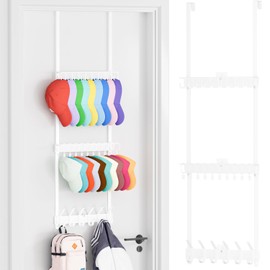 Aimeaihe 3 Tier Over Door Hat Rack - Baseball Cap Wall Mounted Hat Organizer, Hat Holder with 18 Hooks and 10 Movable Clips, Hat Storage Holds up to 30 Caps for Door, Bedroom, Closet (White)