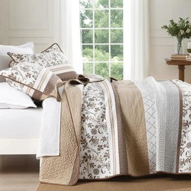 VatinHK 100% Cotton King Quilt Set - 106"×98" Farmhouse Floral Bedspreads King Size Coverlet Set, Breathable Comforter Bedding Set with 2 Pillow Shams, Lightweight Botanical Stripe Home Decor, Brown