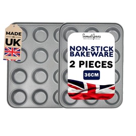 Samuel Groves 2 Pack Bun Yorkshire Pudding, Cupcake, Muffin, Mince Pie Tray, Double Coil Coated Non Stick, UK Made - Perfect for Air Fryer, PFOA & BPA Free (6 Hole)