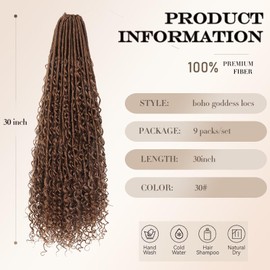 Boho Faux Locs Crochet with Curly Ends - 9packs 30inch Goddess Locs Grochet Hair Color 30, Boho Soft Locs with Curls, Bohemian River Crochet Hair for Black Women(30Inch, 30#)