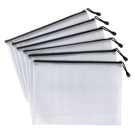6 Pack Mesh Zipper Pouch Document Bag Waterproof Zip File Folders for School Office Supplies Travel Storage Bags (White)