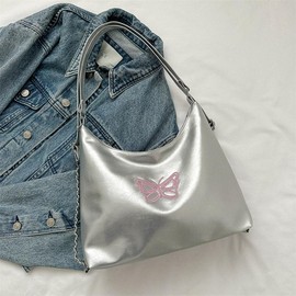 Butterfly Decor Pu High Capacity Zipper Closure Fashion Shoulder Bag Suitable For Women - Color: SILVER