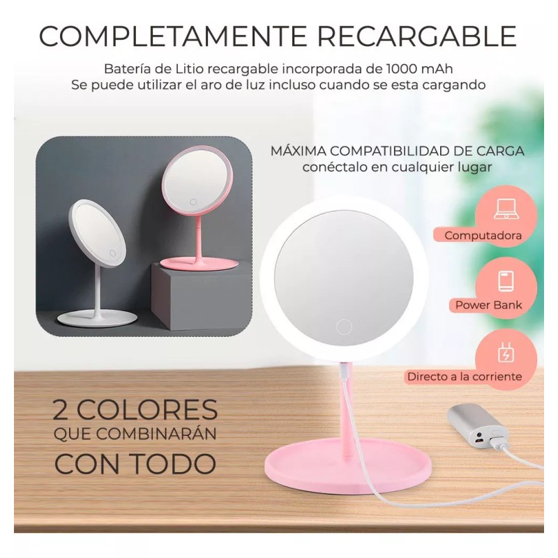 EGTMA Espejo Maquillaje Aro Luz Led 17.5cm Portátil