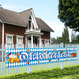 AhfuLife 2 Pcs Oktoberfest Banner for Fence Oktoberfest Decoration 1.96×9.8 Ft, Bavarian Fence Banner Beer Garden Sign, Bavarian Banners for German Themed Party Supplies