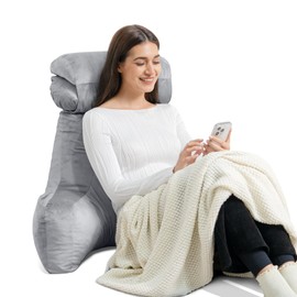 LightEase Reading Pillow for Bed, Back Rest Pillow for Sitting in Bed Pillow Backrest with Arms Adult for Reading, Watching TV, Gaming, Relaxing in Bed or on Couch Grey Extra Large XXL