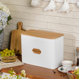 HOME PALETTE Extra Large Bread Box for Kitchen Countertop Corner Breadbox for Homemade Bread Metal White Vertical Stripe Pattern Embossed Storage Container Bin with Bamboo Lid Fits 2 Loaves of Bread