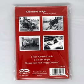 Pack of 8 Christmas cards featuring funny vintage black and white photos at Christmas, 2 each of 4 different designs, cards are 12.5 x 17.5cm and come with a red envelope