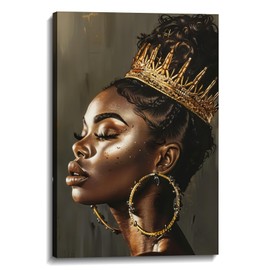 Women Canvas Wall Art Black and Gold Queen Picture African American Painting Portrait Prints Abstract Artwork for Living Room Bedroom Home Office Decor Framed(Art-7,12.00x18.00 inch)