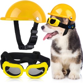 Frienda Dog Helmet and Goggles, UV Protection Doggy Sunglasses and 4 Inch Padded Puppy Motorcycle Helmet Adorable Dog Goggles with Adjustable Belt for Small Dogs Puppy Riding(Yellow,S)