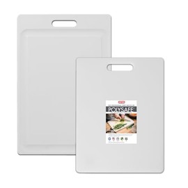 Dexas 2-Pack NSF Certified Polysafe Cutting Boards, 11 x 14.5, 12 x 18 Inches, Reversible Kitchen Cutting Board with Handle and Juice Well, White