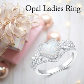 Shroova 925 Sterling Silver Daisy Flower Heart-Shaped Opal Ring with Cubic Zirconia,Flower Stacking Statement Wedding Band Ring for Women Jewelry Gifts for Her(Size 6)