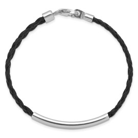 Auriga Fine Jewelry 925 Sterling Silver Rhodium-plated Black Braided Leather Bracelet 7"