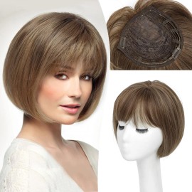 Full Volume Hair Topper for Women with Bangs Synthetic Bob Wig Natural Straight Hairpiece 360 Top Coverage for Thinning Haircolor: 12CH22#, stretched length: 10inches, toupee size: 6x6