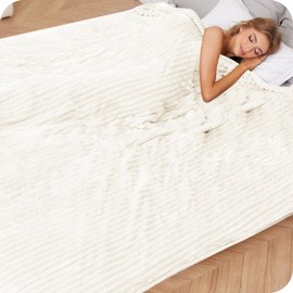 Heated Electric Blanket Full Size 72"x84" - Soft Plush Striped Flannel Heating Blanket with 10 Heat Settings & 12 Hour Auto Shut Off ，Warm & Cozy Winter Bedding—White