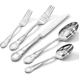 KINGSTONE 40-Piece Premium Silverware Set, 18/10 Stainless Steel Flatware Set for 8 with Bloom-Embossed Handles, Design Mirror Polished, Utensil Sets for Home Restaurant Wedding，Dishwasher Safe