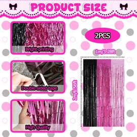 Black Pink Foil Fringe Curtains Party Decorations, 2 Pack 3.2x6.6ft Pink Black Mouse Color Tinsel Backdrop Door Streamers Photo Booth Props Mouse Birthday Party Decorations for Women Girls