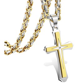 LOLIAS Gold Cross Necklace for Men Stainless Steel Byzantine Chain With Cross Pendant Necklace Mens Gift 22Inch