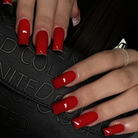 KXAMELIE Red Press on Nails Long Square, 24 Fake Nails Solid Color False Nails for Women