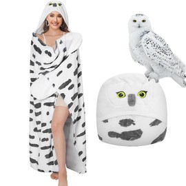 pewjury Blanket with Sleeves and Hood, Snow Owl Blanket with Gloves, Animal Pattern Cuddly Blanket, Fluffy, Cuddly Flannel Gifts, Cuddly Blanket for Women, White, 130x160cm