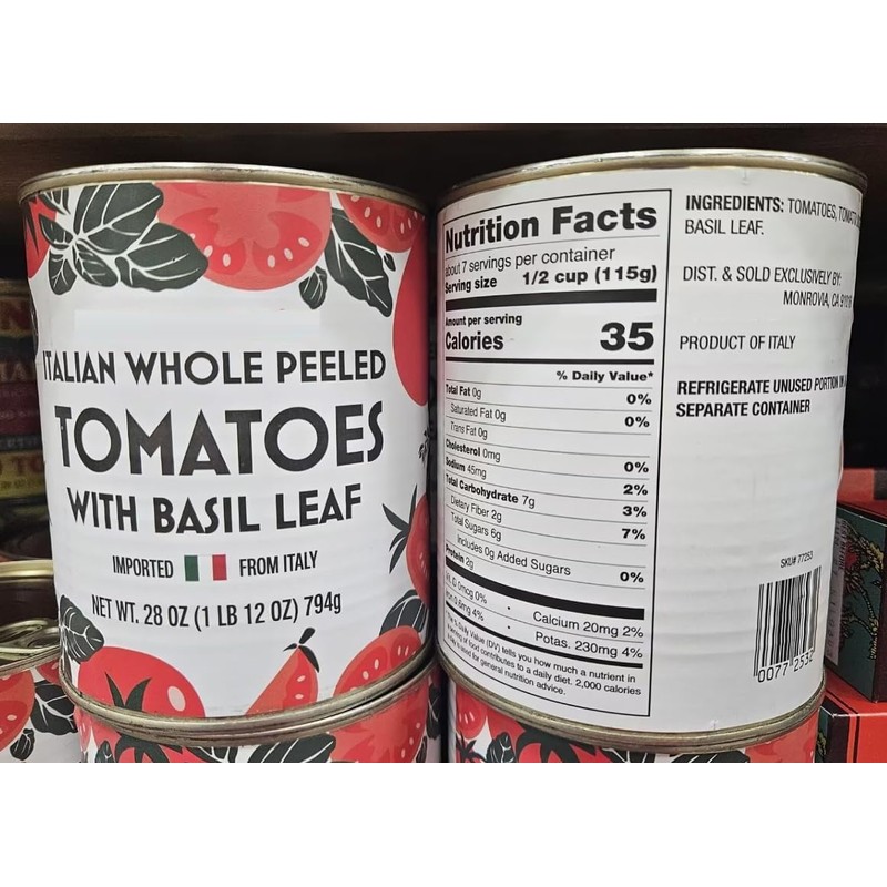 Trader Joe Italian Whole Peeled Tomatoes with Basil Leaf 28oz