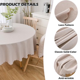 Qubjus Waterproof Round Tablecloth Washable Linen Solid Color Wrinkle Oilproof Table Cloth with Lace for Home Decor(Beige, Round- 62inch)
