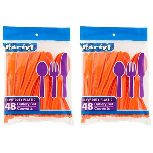 Heavy Duty Plastic Cutlery Set in Orange 32 Spoons 32 Forks 32 Knives