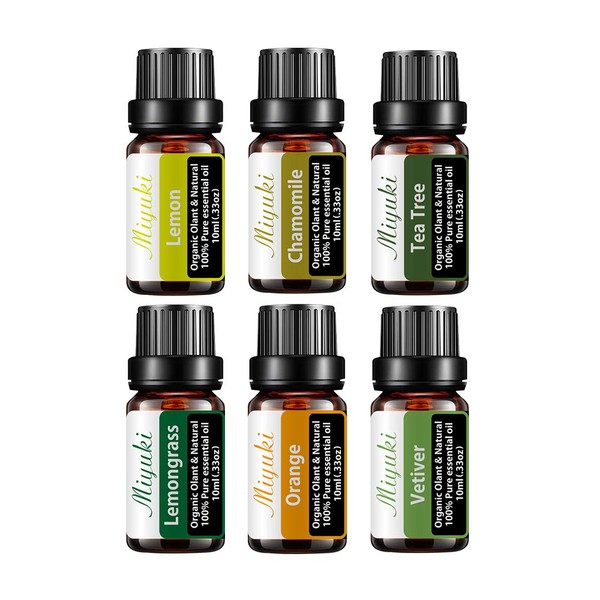 Essential Oil Sets with Lemon,Chamomile,Tea Tree,Lemongrass,Orange,Vetiver Essential Oil for Diffuser,Cleaning,Home,Bedroom,Perfumes,Humidifier,Candles 6 Pack 10ml