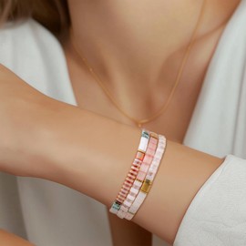 Sonateomber Tila Flat Beaded Stretch Bracelets for Women, Trendy Stackable White Gold Pink Glass Square Beads Stack Bracelet Beach Jewelry Gift