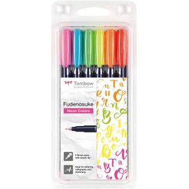 Tombow Fudenosuke Hard Tip Brush Pens (Set of 6) - Neon Colours