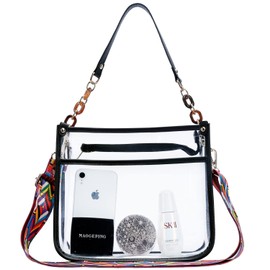 KKXIU Fashion Clear Crossbody Purse for Women and Teen Girls Stadium Approved PU Leather Concert Bag with Adjustable Strap (Black)