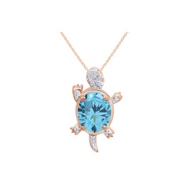 Jewel Zone US Simulated Aquamarine Gemstone & Cubic Zirconia Turtle Pendant Necklace In 14k Rose Gold Over Sterling Silver, 18" Chain