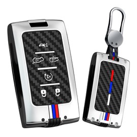 HIBEYO 6 Button Key Fob Cover Compatible with Jeep Grand Cherokee Grand Wagoneer 2021 2022 2023 2024 Accessories Alloy Carbon Fiber Texture Key Shell with Keychains-6 Button Silver