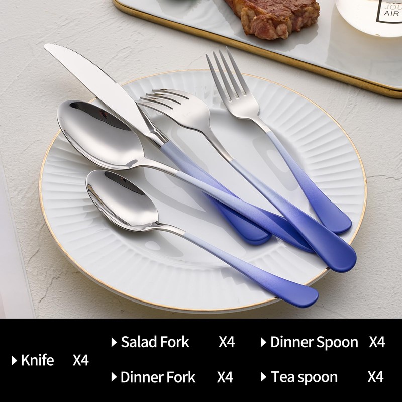 DINYWOW 20-Pieces Color Silverware Sets for 4,Blue and white Handle