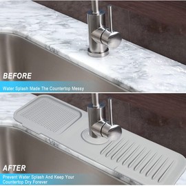 Sink Faucet Mat with Slope for Self Draining Silicone Sink Splash Guard as Soap Dish & Sponge Holder Faucet Handle Drip Catcher Tray for Kitchen Counter Bathroom (Grey)