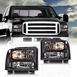 PIT66 Front Headlights Assembly Left & Right Fit Ford F250 F350 F450 F550 Super Duty 1999-2004 Fit Ford Excursion bumper 2000-2004 Headlamp Clear lens Black Housing Clear Reflector 1C3Z13008BA