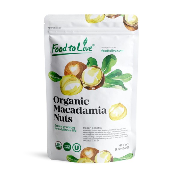 Piezas de nueces de macadamia orgánicas de Food to Live (crudas, sin OGM, sin sal, sin tostar, kosher, veganas, a granel) (1 Libra)