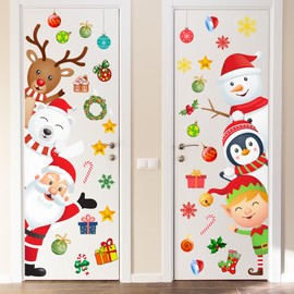 34.64 x 29.01 Inch Christmas Door Stickers Decor Removable Santa Claus Reindeer Snowman Cute Penguin Bear Snowflake Decal for Christmas Holiday Winter Window Door Refrigerator Bedroom Decorations