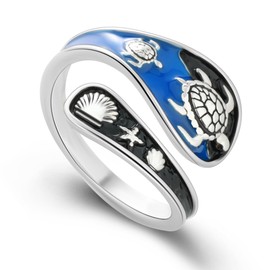 Sumeror 925 Sterling Silver Adjustable Spoon Ring - Vintage Sea Turtle & Shell Embossed Thumb Ring, turtle ring Boho Open Finger Jewelry