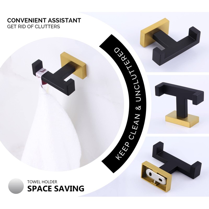 Angle Simple Double Towel Hook Black & Gold, Stainless Steel