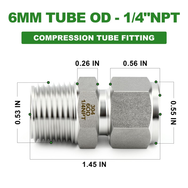 TAISHER 5PCS 304 Stainless Steel Compression Tube Pipe Fitting Connector,